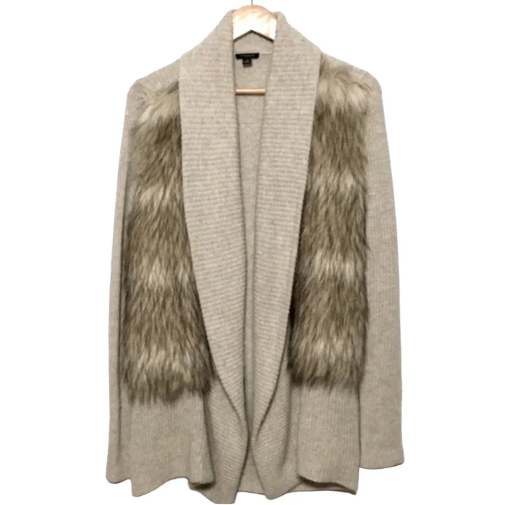 ANN TAYLOR sz Small Merino Wool Alpaca Open Sweater + Faux Fur Natural Colors
